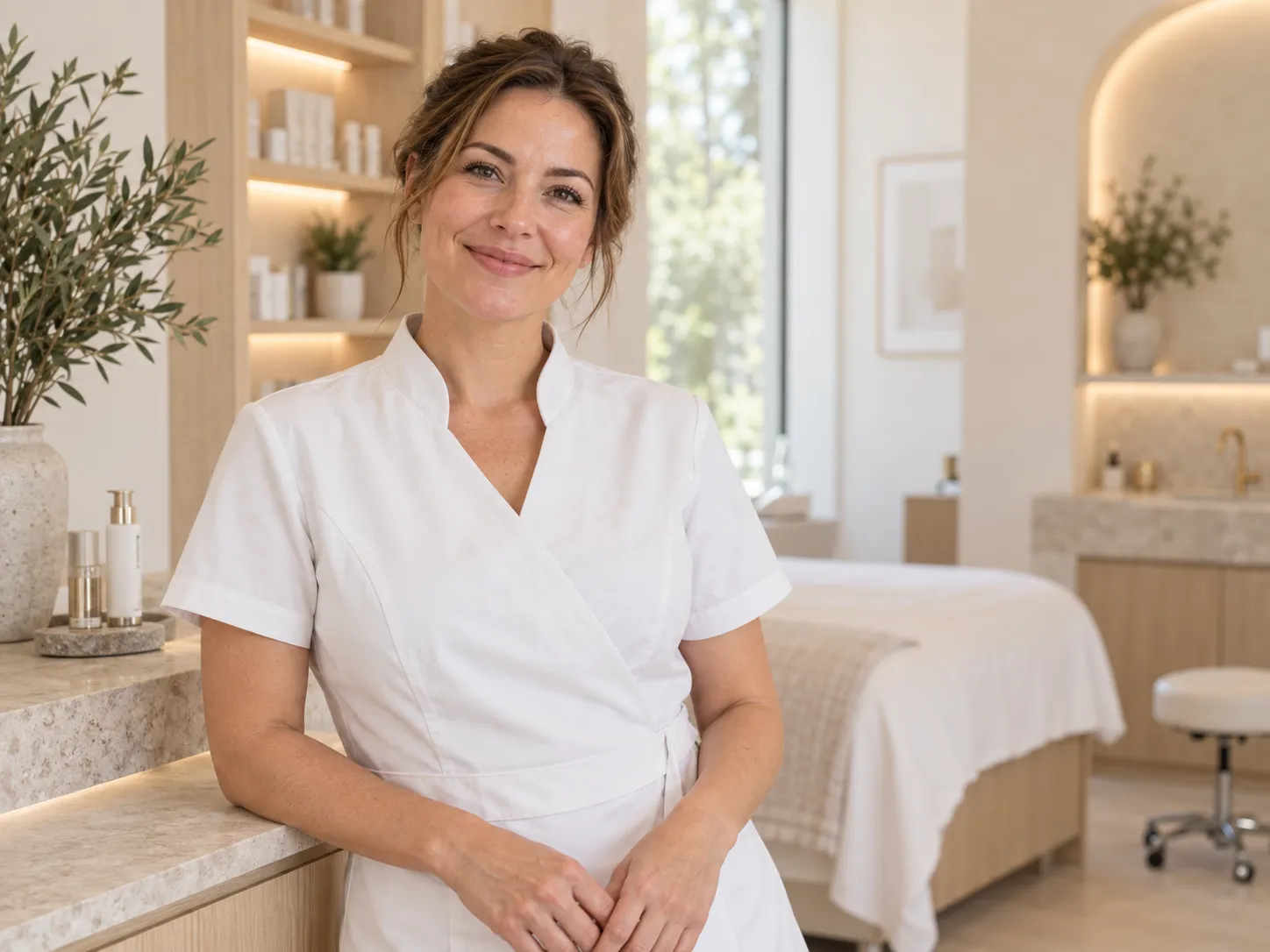 Professionnelle de l’esthétique dans une ambiance clinique chaleureuse
